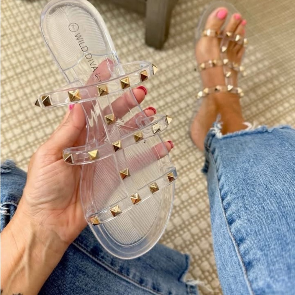 Wild Diva Clear Slide Sandals with Gold Pyramid Studs